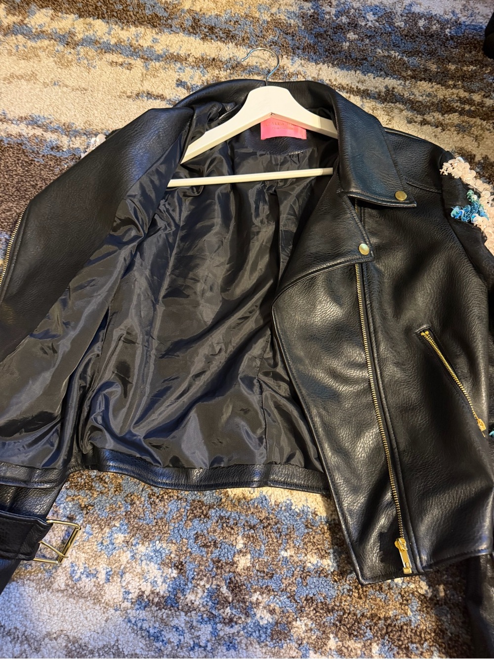Embroidered Black Leather Jacket with Floral Accents - Picture 6 of 11